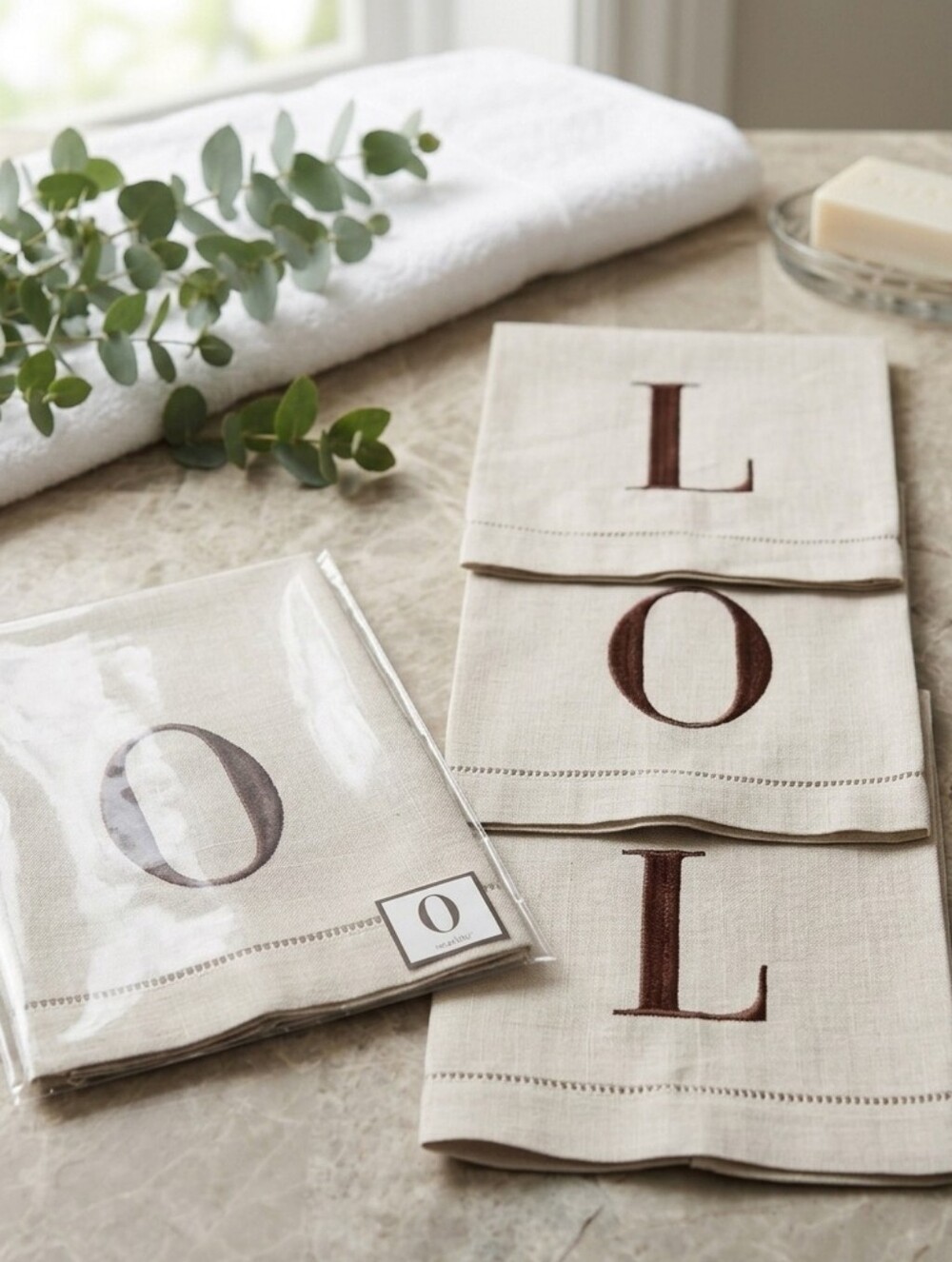 Mud Pie 100% Linen Monogram Guest Hand Towels Set (2 "L", 3 "O") - New & Unused!